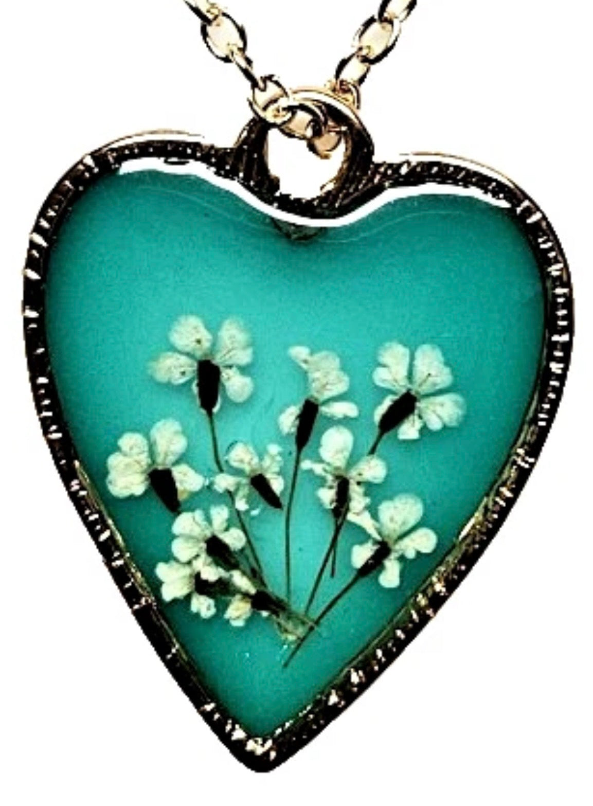 Blue Resin White Natural Heart Shaped gold  tone pendant and chain